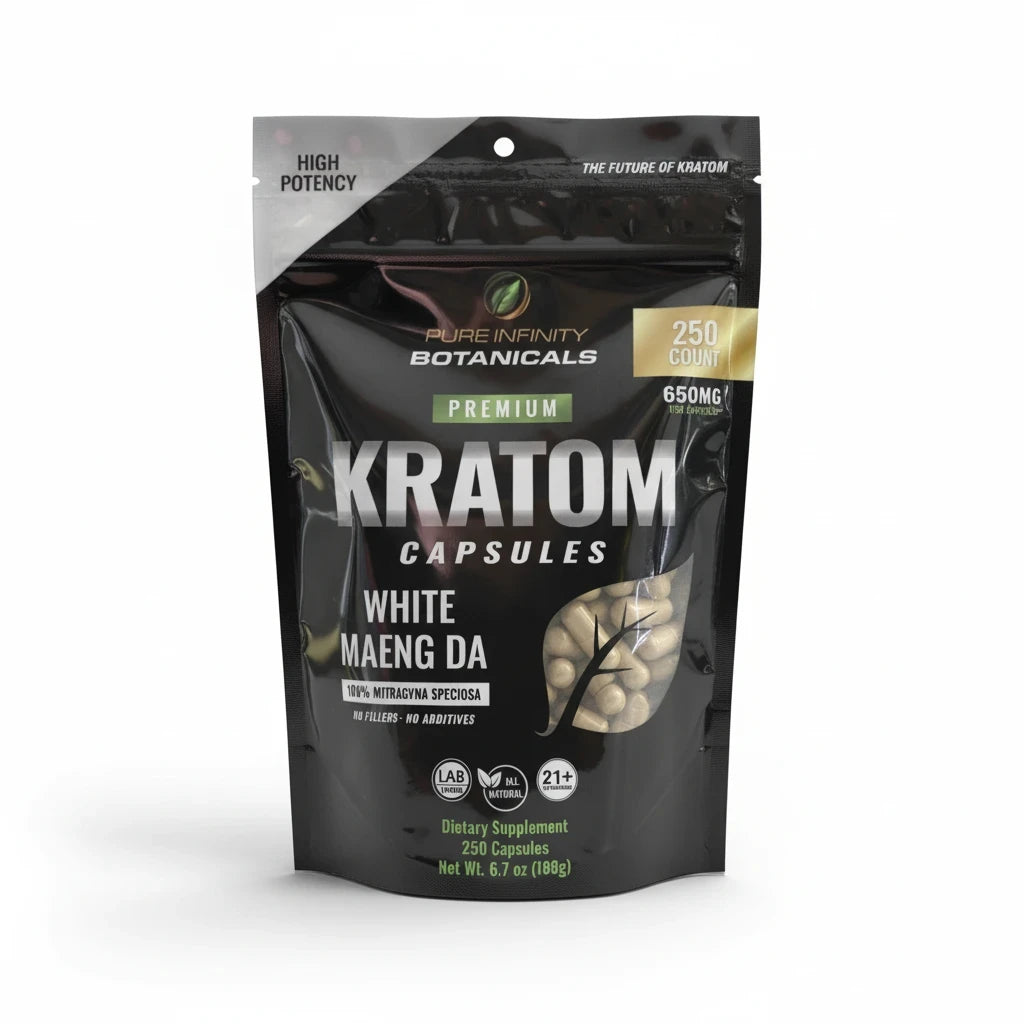 shopnathans.com Pure Infinity Botanicals White Maeng Da Kratom capsules in a 250 count resealable black pouch.