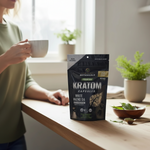 shopnathans.com Pure Infinity Botanicals White Maeng Da Kratom capsules in a resealable bag on a wooden table.