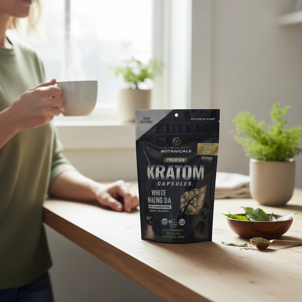 shopnathans.com Pure Infinity Botanicals White Maeng Da Kratom capsules in a resealable bag on a wooden table.
