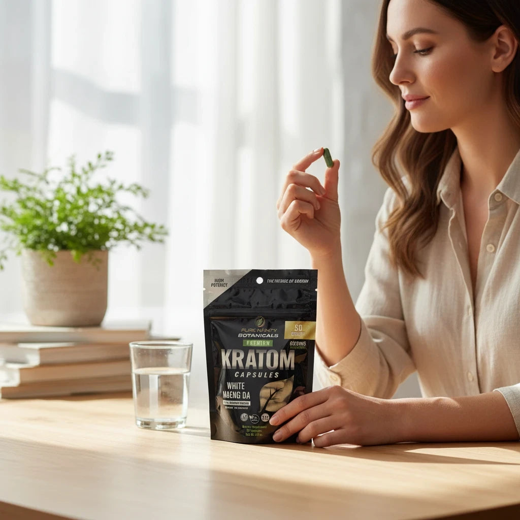 A woman holding a green capsule next to a shopnathans.com Pure Infinity Botanicals White Maeng Da Kratom pouch.