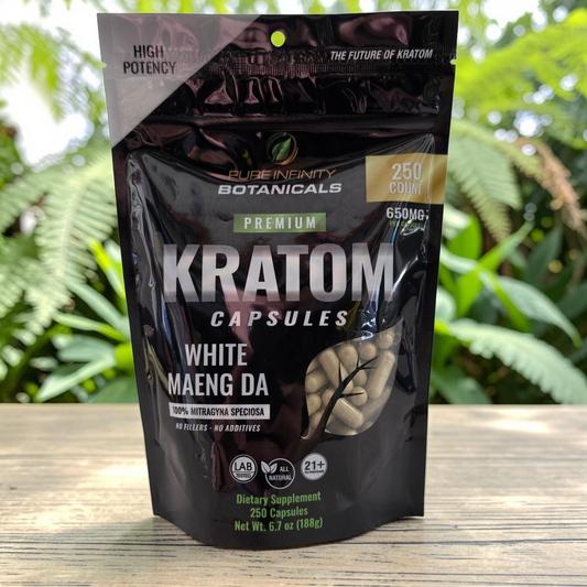 shopnathans.com Pure Infinity Botanicals White Maeng Da Kratom capsules in a black resealable 250 count pouch.