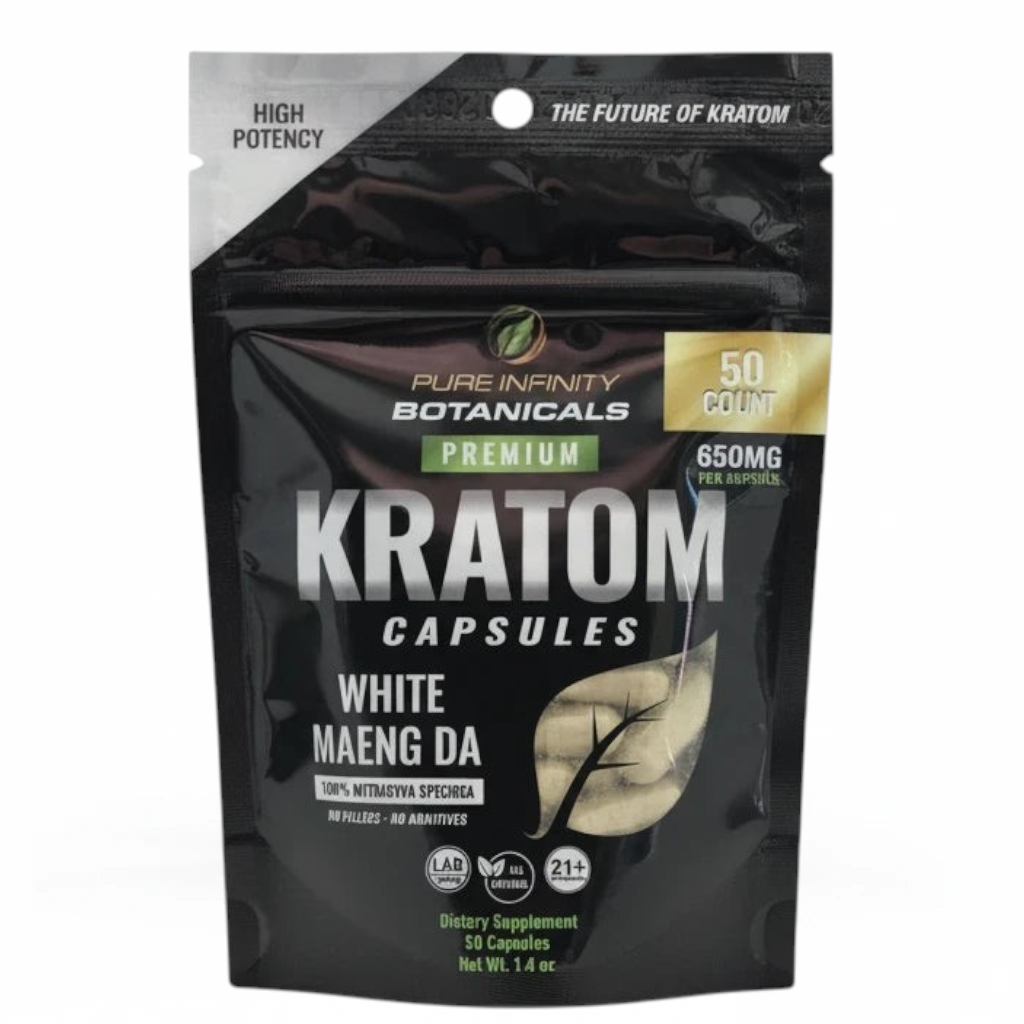 shopnathans.com Pure Infinity Botanicals White Maeng Da Kratom capsules in a 50-count resealable black pouch.