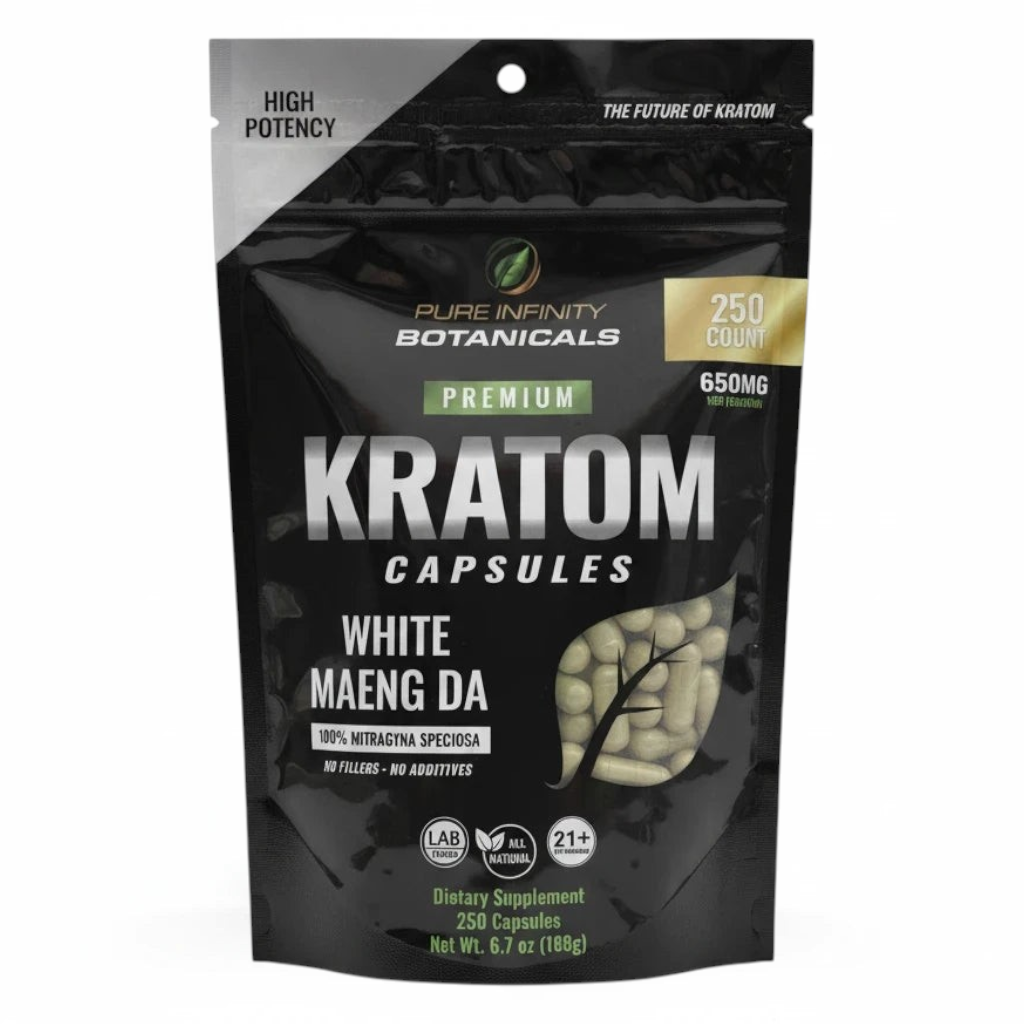 shopnathans.com Pure Infinity Botanicals White Maeng Da Kratom capsules in a 250 count resealable black pouch.