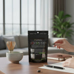 shopnathans.com Pure Infinity Botanicals White Maeng Da Kratom capsules pouch on a desk with a bamboo whisk