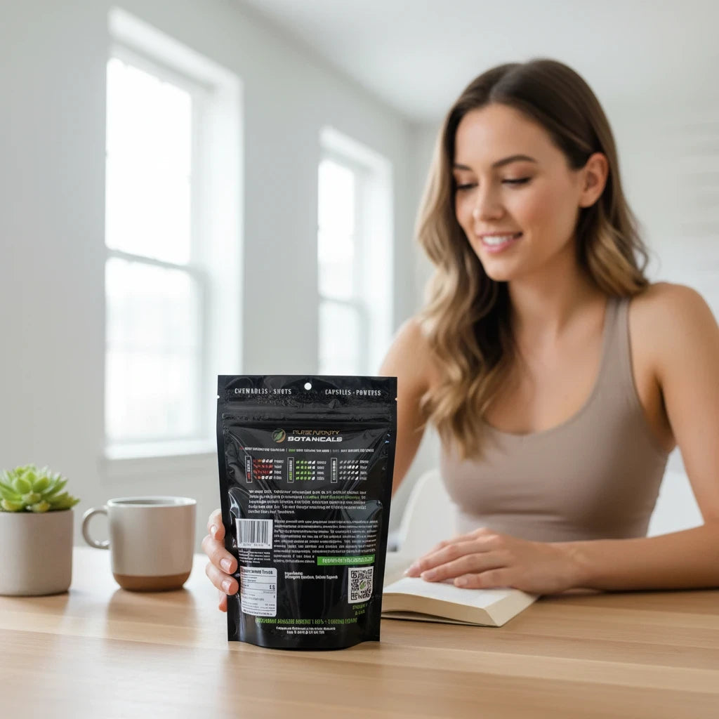 shopnathans.com Pure Infinity Botanicals White Maeng Da Kratom capsules bag held by a woman reading at a desk
