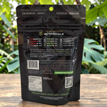 Back of shopnathans.com Pure Infinity Botanicals White Maeng Da Kratom powder pouch with supplement facts and details.