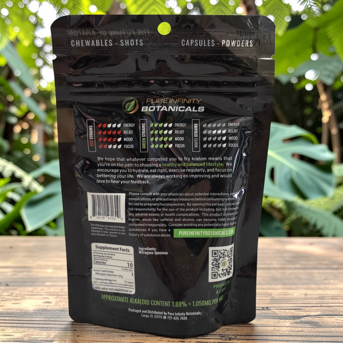 Back of shopnathans.com Pure Infinity Botanicals White Maeng Da Kratom powder pouch with supplement facts and details.