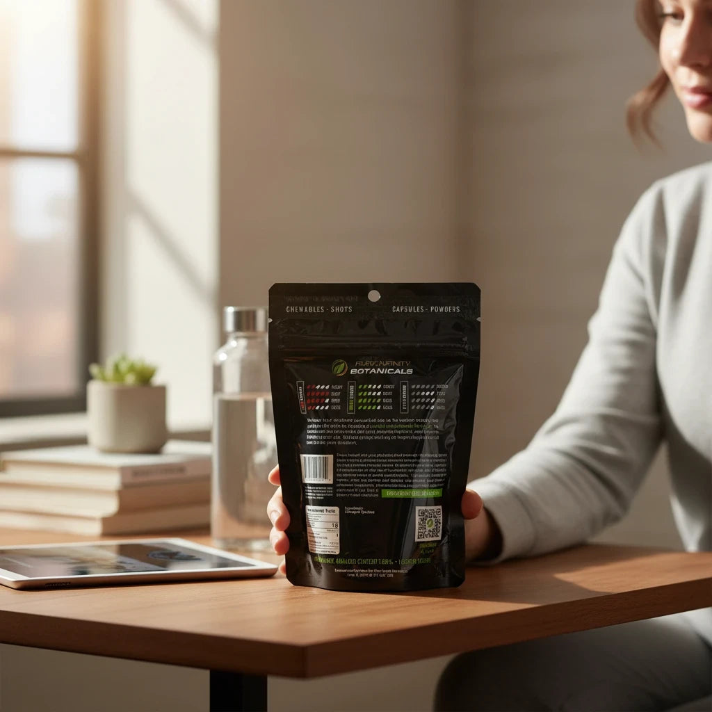 shopnathans.com Pure Infinity Botanicals White Maeng Da Kratom powder pouch held by a person at a wooden desk