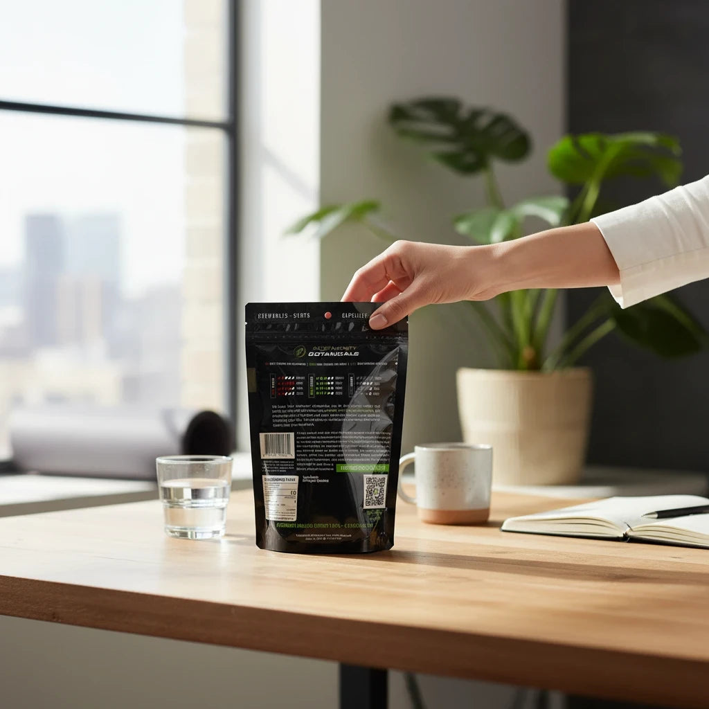 shopnathans.com Pure Infinity Botanicals White Maeng Da Kratom powder in a black resealable pouch on a wooden desk.
