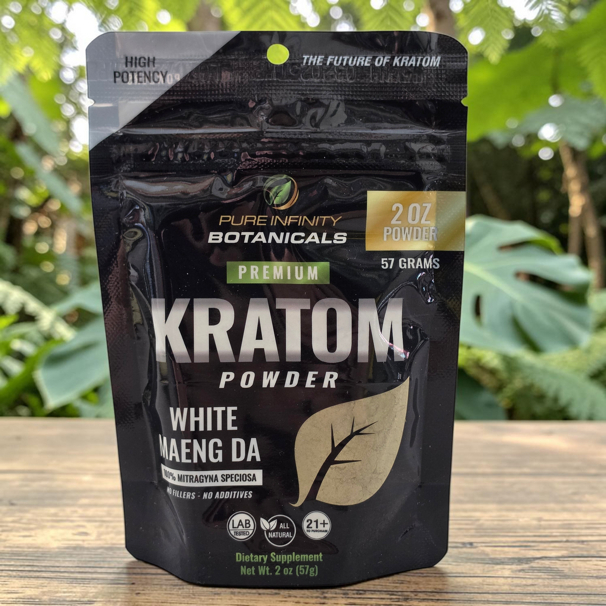 shopnathans.com Pure Infinity Botanicals White Maeng Da Kratom powder in a 2oz resealable black pouch.