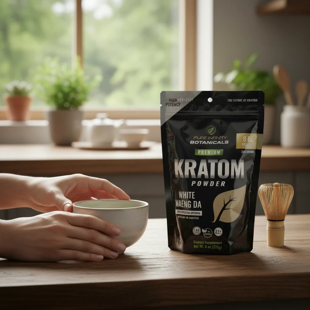 shopnathans.com Pure Infinity Botanicals White Maeng Da Kratom powder in a resealable 8oz pouch on a kitchen counter.