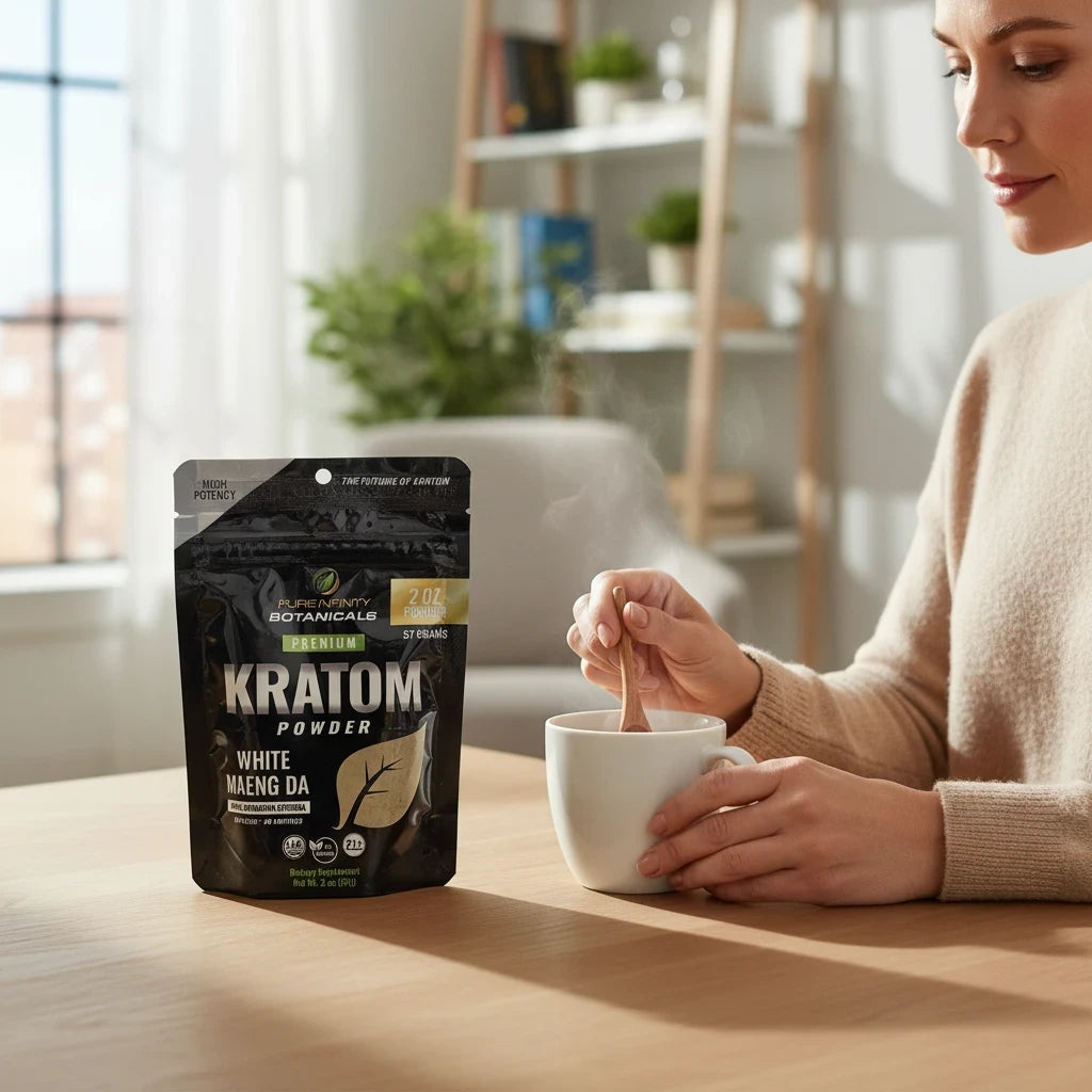 shopnathans.com Pure Infinity Botanicals White Maeng Da Kratom powder pouch next to a woman stirring a warm drink