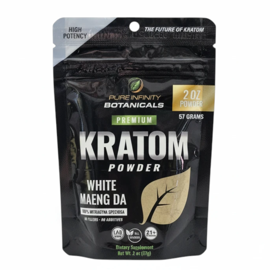 shopnathans.com Pure Infinity Botanicals White Maeng Da Kratom powder in a 2oz resealable black pouch