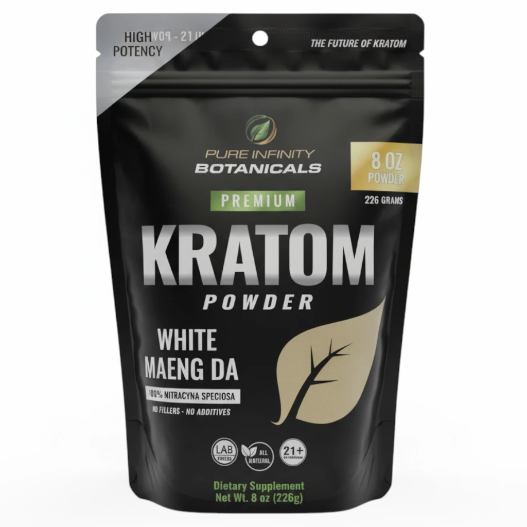 shopnathans.com Pure Infinity Botanicals White Maeng Da Kratom powder in a black 8oz resealable pouch.
