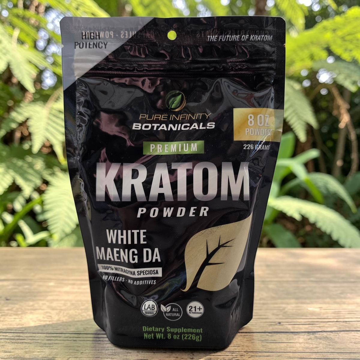 shopnathans.com Pure Infinity Botanicals White Maeng Da Kratom powder in an 8oz resealable black pouch
