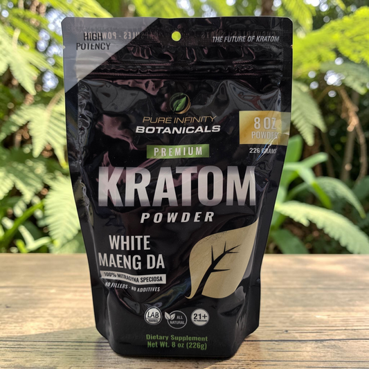 shopnathans.com Pure Infinity Botanicals White Maeng Da Kratom powder in an 8oz resealable black pouch